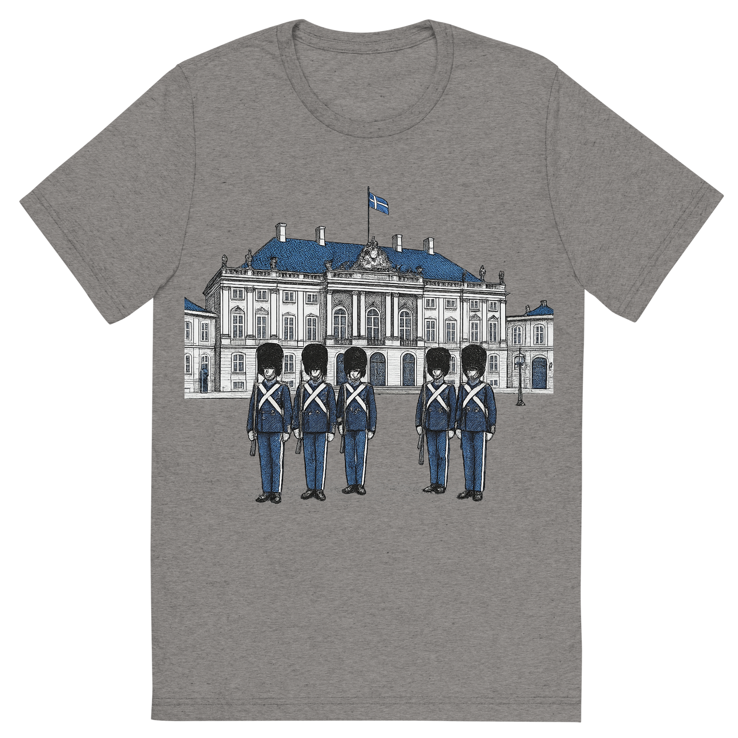 Front view of a Premium Tri-Blend Crew Neck T-Shirt in Grey showing 'A hand-drawn ink with pop color, formal graphic of a refined ink-style illustration of amalienborg palace with danish guards in front and the words “amalienborg palace” in gold-trim lettering above. transparent background, centered layout, royal blue and gray pops. optimized for dtg.'