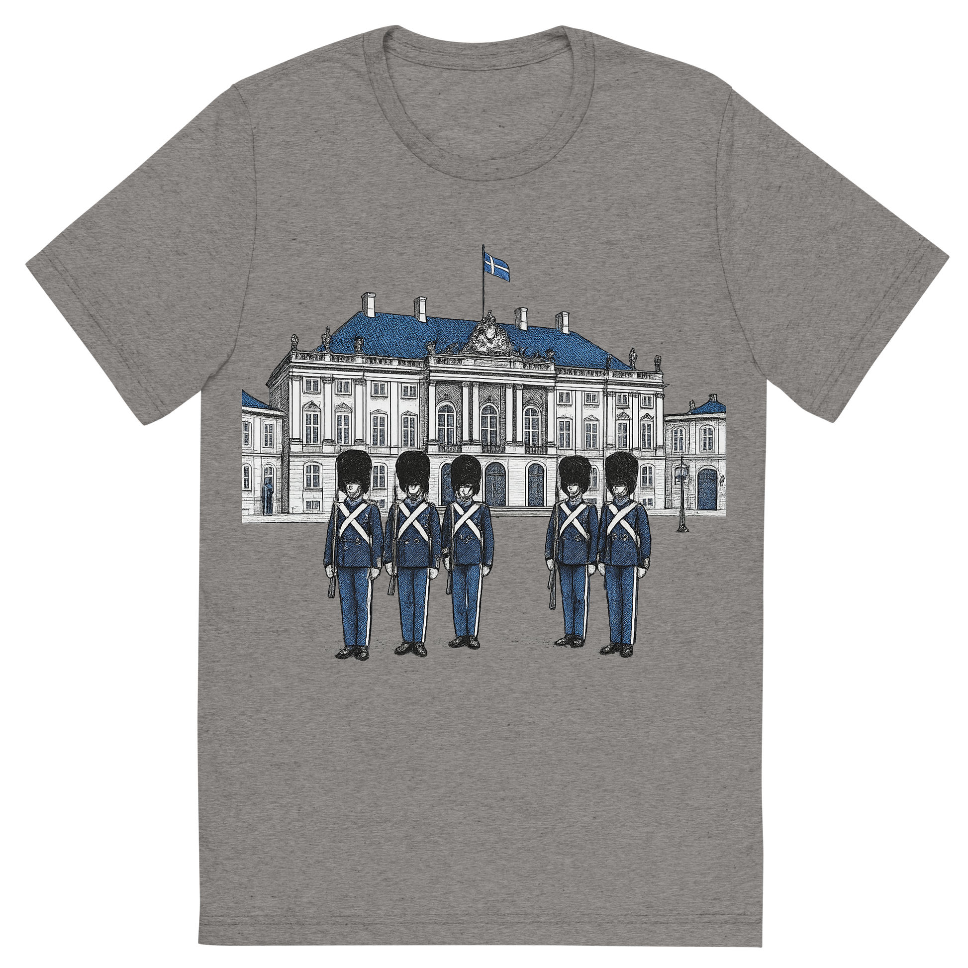 Front view of a Premium Tri-Blend Crew Neck T-Shirt in Grey showing 'A hand-drawn ink with pop color, formal graphic of a refined ink-style illustration of amalienborg palace with danish guards in front and the words “amalienborg palace” in gold-trim lettering above. transparent background, centered layout, royal blue and gray pops. optimized for dtg.'