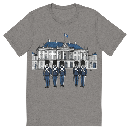 Front view of a Premium Tri-Blend Crew Neck T-Shirt in Grey showing 'A hand-drawn ink with pop color, formal graphic of a refined ink-style illustration of amalienborg palace with danish guards in front and the words “amalienborg palace” in gold-trim lettering above. transparent background, centered layout, royal blue and gray pops. optimized for dtg.'