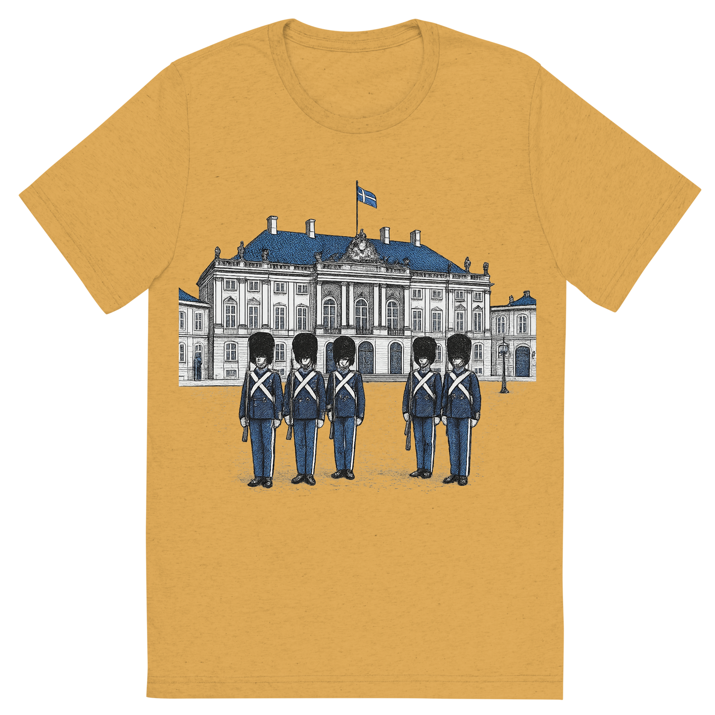 Front view of a Premium Tri-Blend Crew Neck T-Shirt in Mustard showing 'A hand-drawn ink with pop color, formal graphic of a refined ink-style illustration of amalienborg palace with danish guards in front and the words “amalienborg palace” in gold-trim lettering above. transparent background, centered layout, royal blue and gray pops. optimized for dtg.'