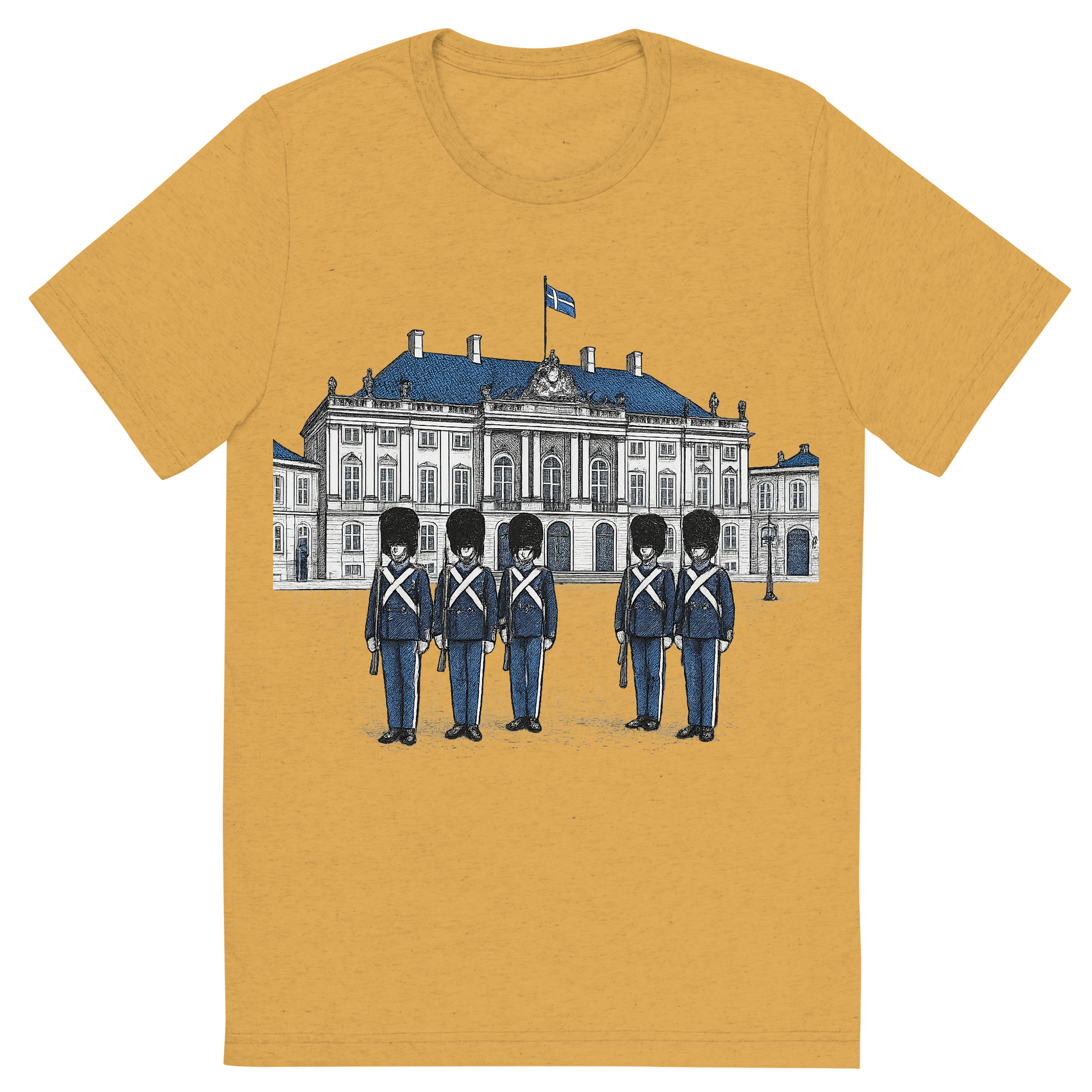 Front view of a Premium Tri-Blend Crew Neck T-Shirt in Mustard showing 'A hand-drawn ink with pop color, formal graphic of a refined ink-style illustration of amalienborg palace with danish guards in front and the words “amalienborg palace” in gold-trim lettering above. transparent background, centered layout, royal blue and gray pops. optimized for dtg.'