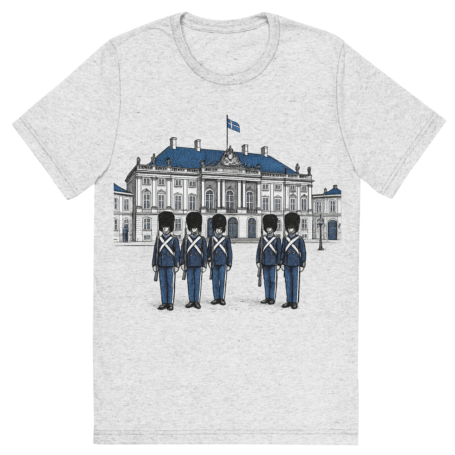 Front view of a Premium Tri-Blend Crew Neck T-Shirt in White Fleck showing 'A hand-drawn ink with pop color, formal graphic of a refined ink-style illustration of amalienborg palace with danish guards in front and the words “amalienborg palace” in gold-trim lettering above. transparent background, centered layout, royal blue and gray pops. optimized for dtg.'