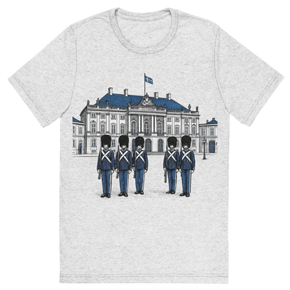 Front view of a Premium Tri-Blend Crew Neck T-Shirt in White Fleck showing 'A hand-drawn ink with pop color, formal graphic of a refined ink-style illustration of amalienborg palace with danish guards in front and the words “amalienborg palace” in gold-trim lettering above. transparent background, centered layout, royal blue and gray pops. optimized for dtg.'