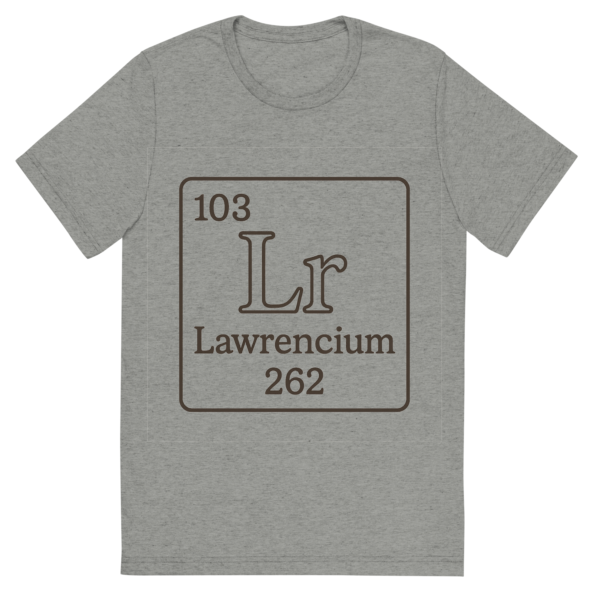 Front view of a Premium Tri-Blend Crew Neck T-Shirt in Athletic Grey showing 'A line art, nostalgic graphic of lawrencium's entry on the periodic table, use a dark color for the lines and text'