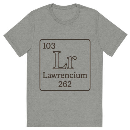 Front view of a Premium Tri-Blend Crew Neck T-Shirt in Athletic Grey showing 'A line art, nostalgic graphic of lawrencium's entry on the periodic table, use a dark color for the lines and text'