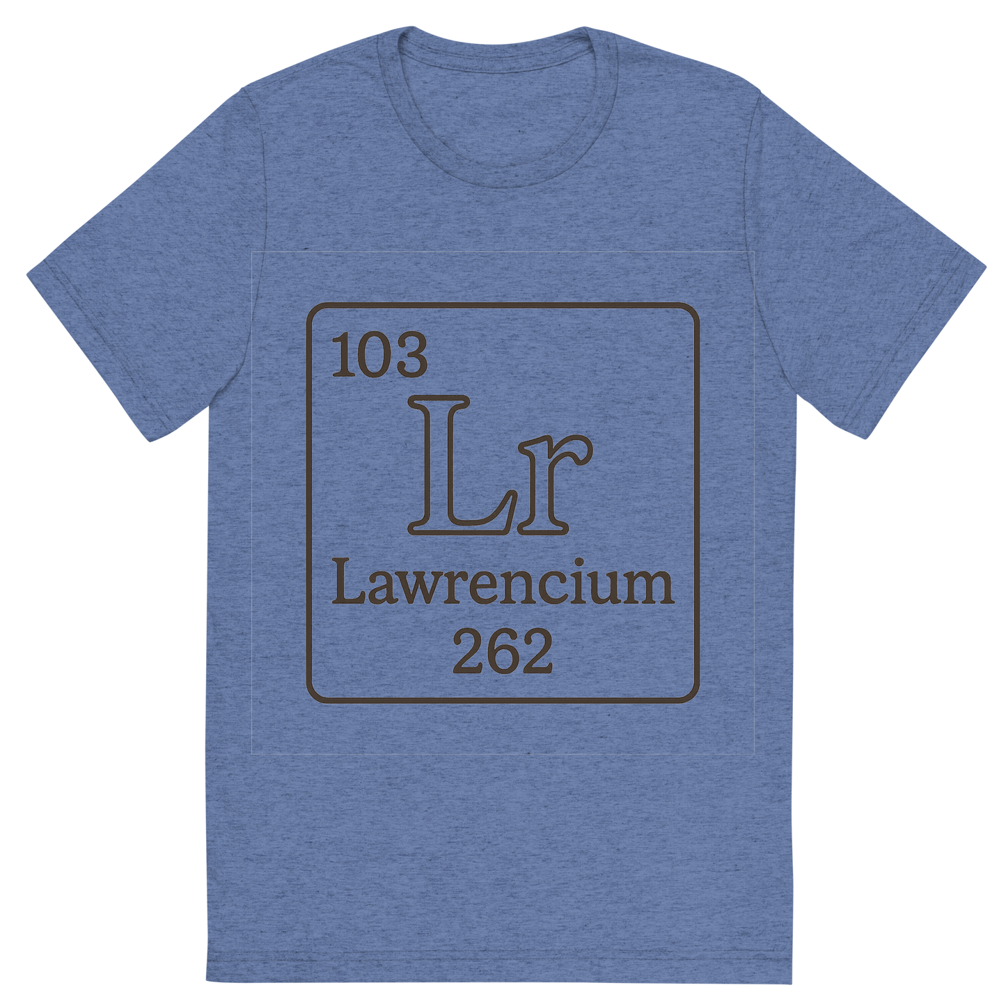 Front view of a Premium Tri-Blend Crew Neck T-Shirt in Blue showing 'A line art, nostalgic graphic of lawrencium's entry on the periodic table, use a dark color for the lines and text'