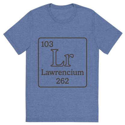 Front view of a Premium Tri-Blend Crew Neck T-Shirt in Blue showing 'A line art, nostalgic graphic of lawrencium's entry on the periodic table, use a dark color for the lines and text'