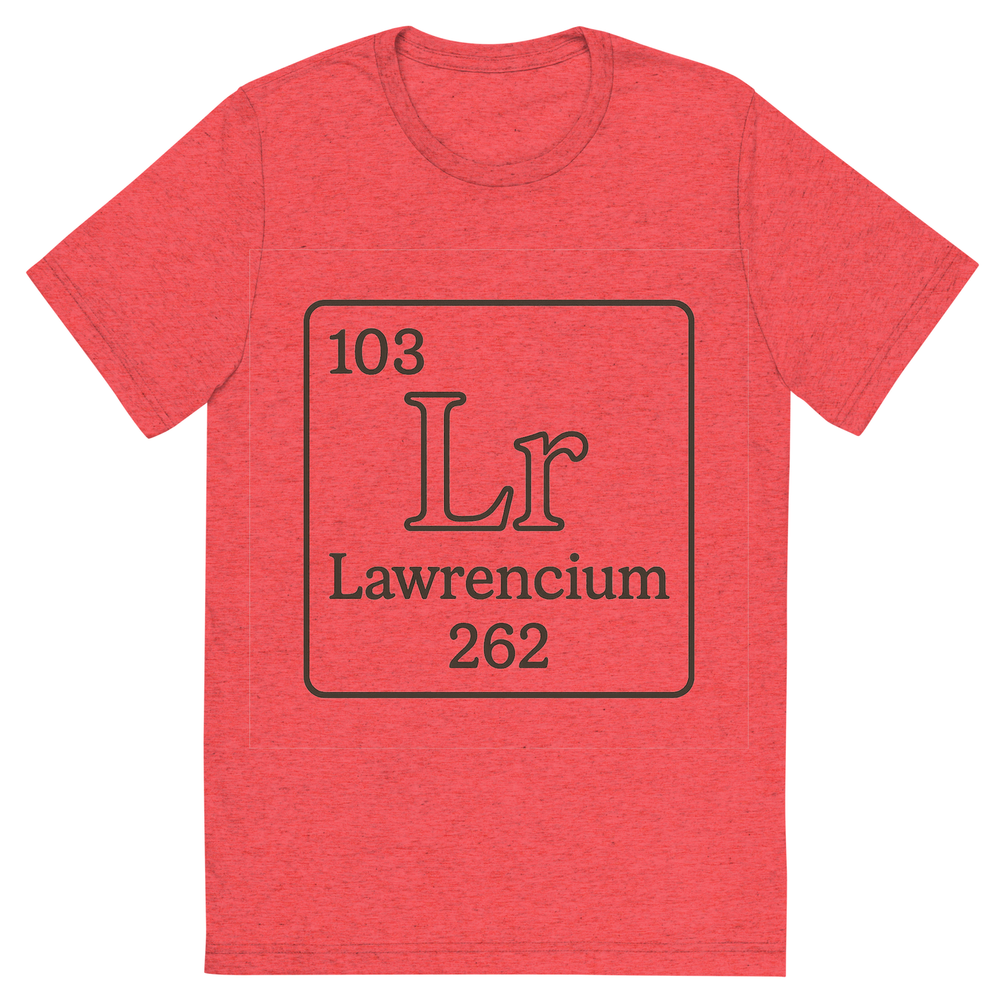 Front view of a Premium Tri-Blend Crew Neck T-Shirt in Red showing 'A line art, nostalgic graphic of lawrencium's entry on the periodic table, use a dark color for the lines and text'
