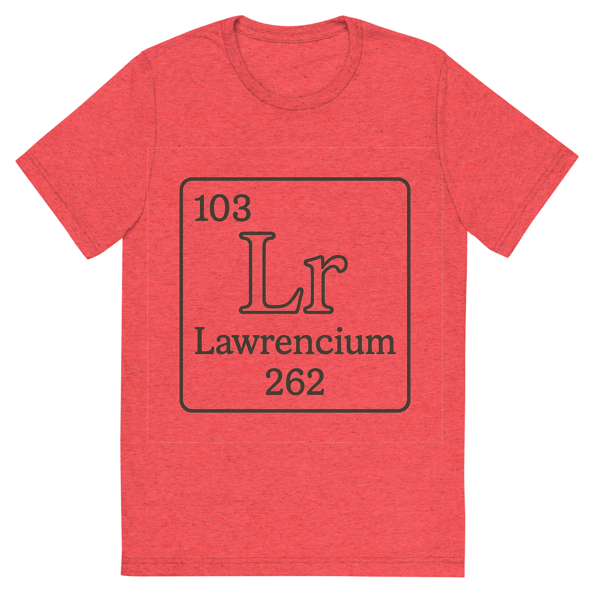 Front view of a Premium Tri-Blend Crew Neck T-Shirt in Red showing 'A line art, nostalgic graphic of lawrencium's entry on the periodic table, use a dark color for the lines and text'