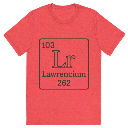 Front view of a Premium Tri-Blend Crew Neck T-Shirt in Red showing 'A line art, nostalgic graphic of lawrencium's entry on the periodic table, use a dark color for the lines and text'