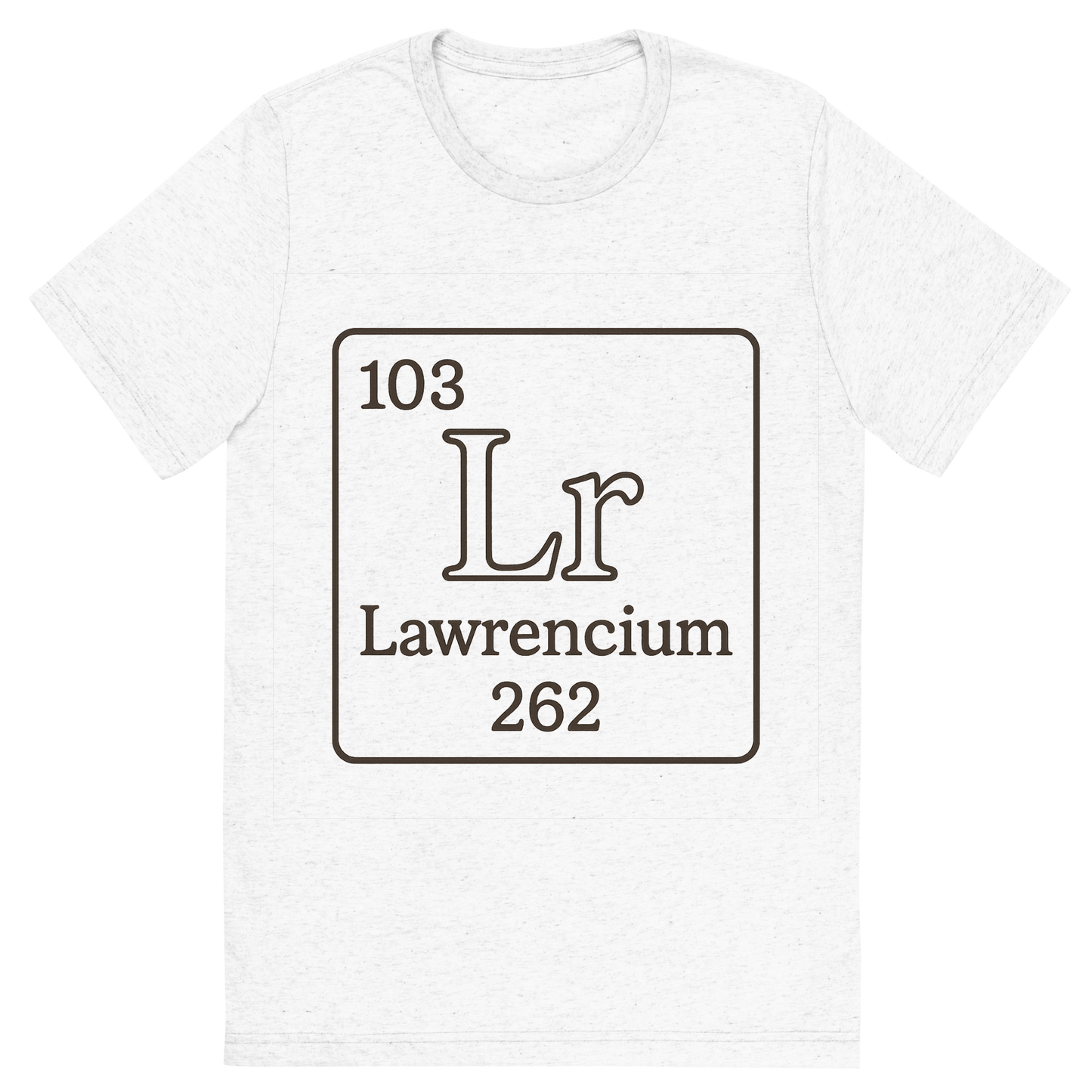 Front view of a Premium Tri-Blend Crew Neck T-Shirt in Solid White showing 'A line art, nostalgic graphic of lawrencium's entry on the periodic table, use a dark color for the lines and text'