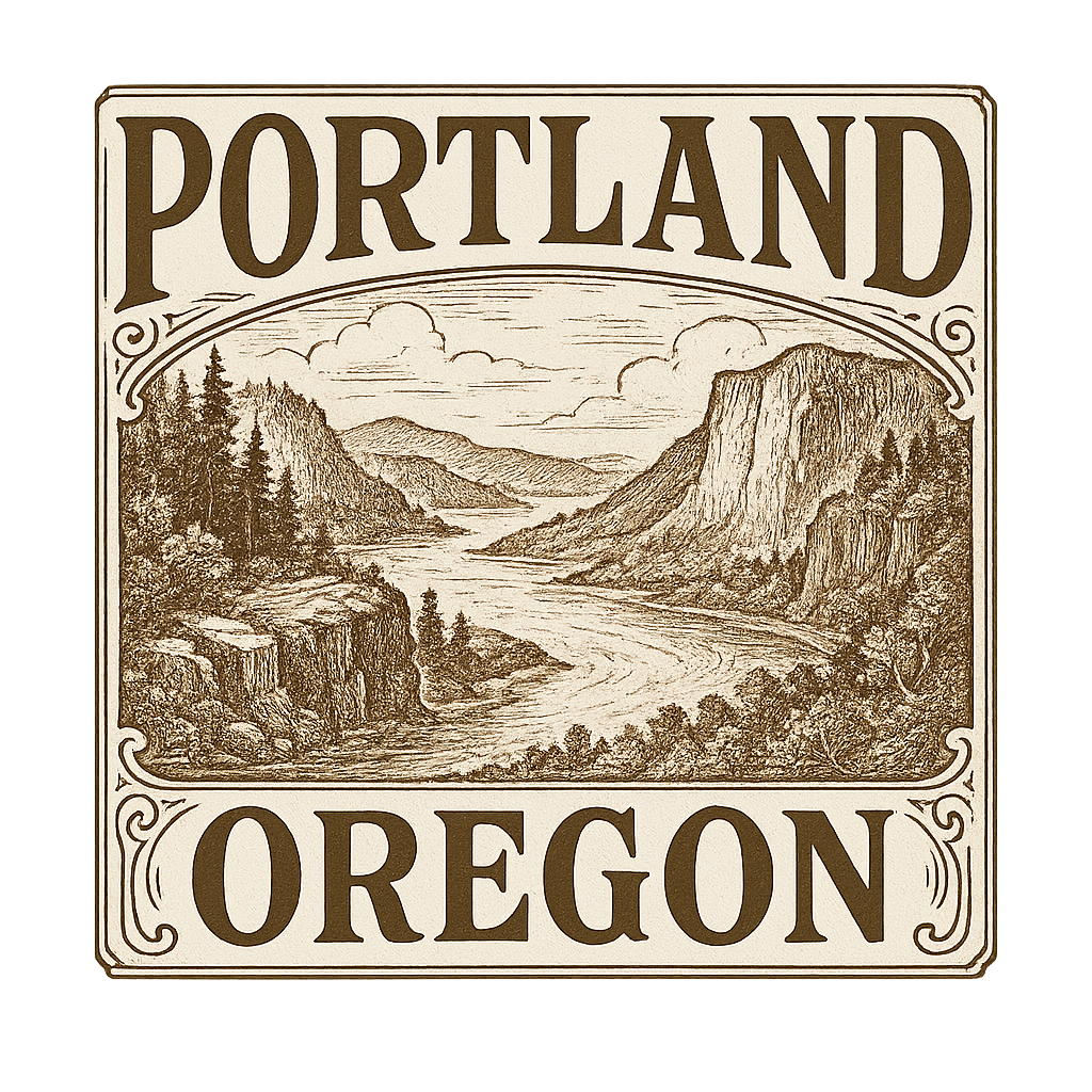A typographic, nostalgic graphic of a typographic illustration of the words 'portland, oregon' with a vintage line art drawing of the columbia river gorge – a t-shirt design