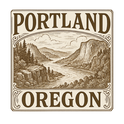 A typographic, nostalgic graphic of a typographic illustration of the words 'portland, oregon' with a vintage line art drawing of the columbia river gorge – a t-shirt design