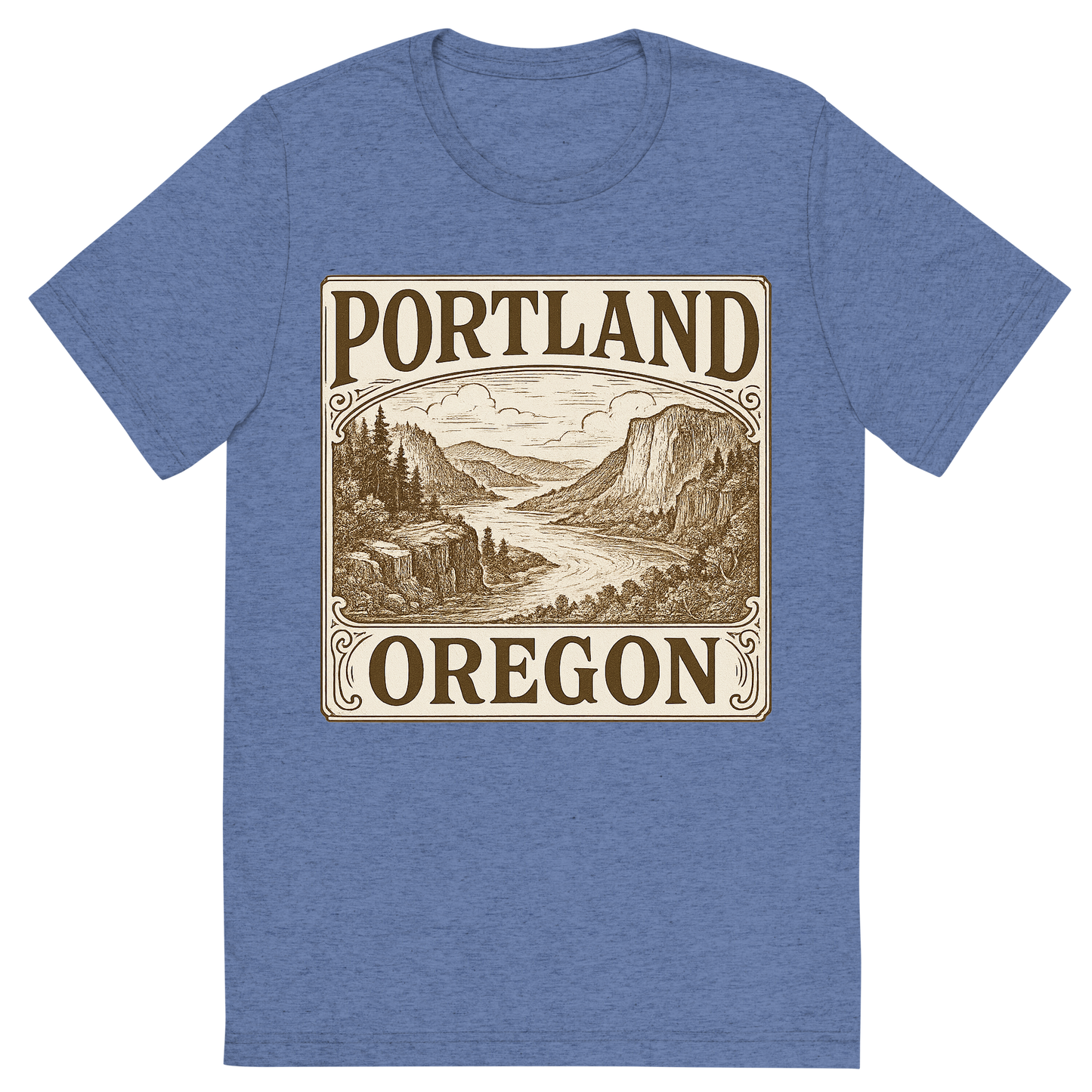 Front view of a Premium Tri-Blend Crew Neck T-Shirt in Blue showing 'A typographic, nostalgic graphic of a typographic illustration of the words 'portland, oregon' with a vintage line art drawing of the columbia river gorge'