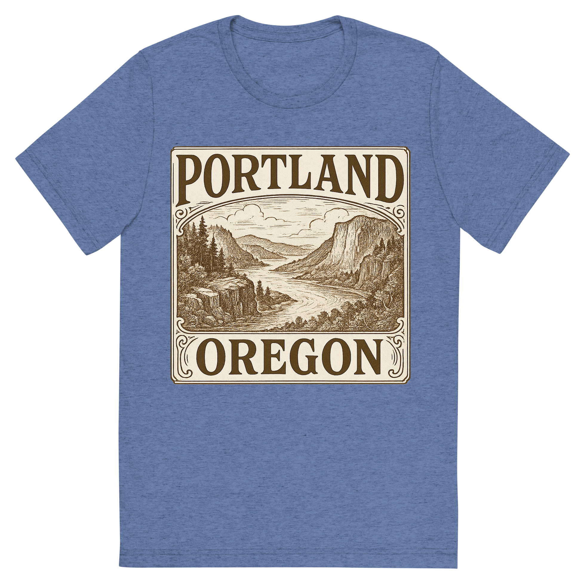 Front view of a Premium Tri-Blend Crew Neck T-Shirt in Blue showing 'A typographic, nostalgic graphic of a typographic illustration of the words 'portland, oregon' with a vintage line art drawing of the columbia river gorge'