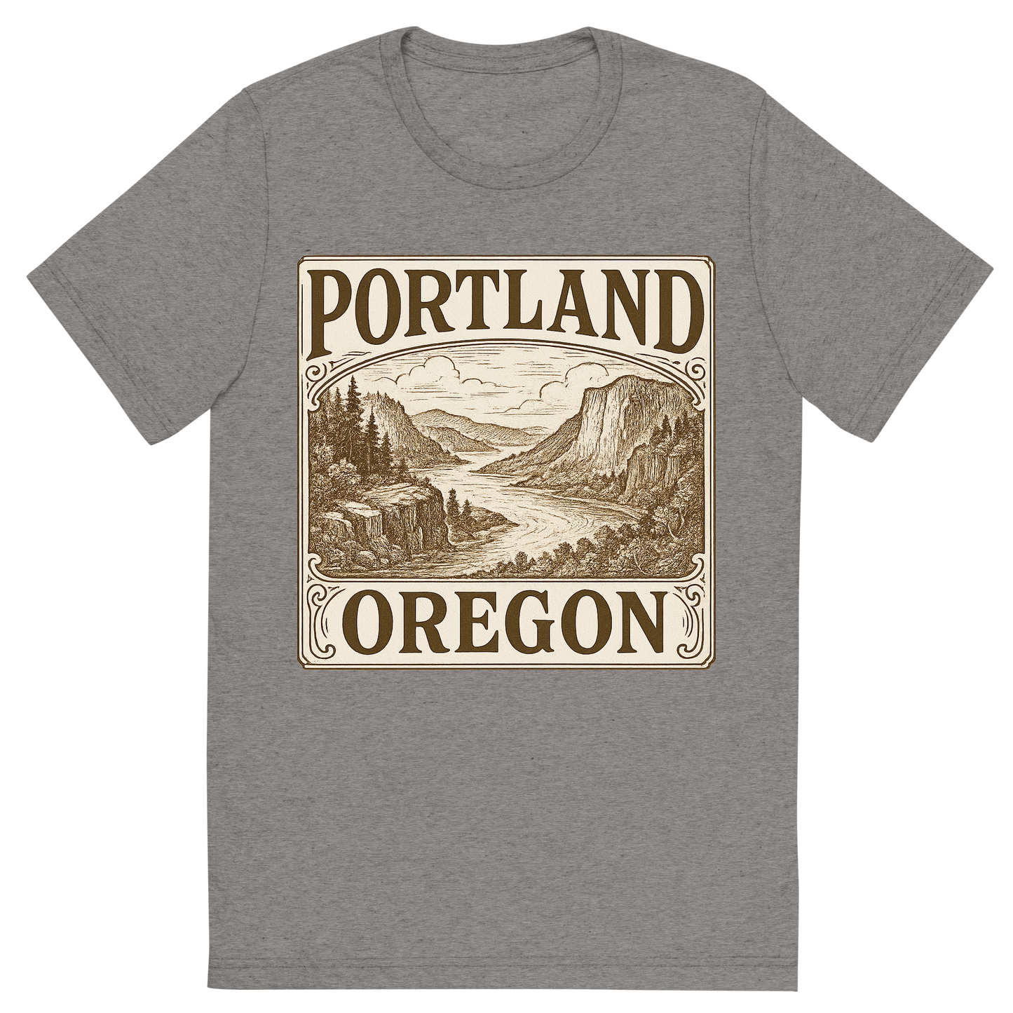 Front view of a Premium Tri-Blend Crew Neck T-Shirt in Grey showing 'A typographic, nostalgic graphic of a typographic illustration of the words 'portland, oregon' with a vintage line art drawing of the columbia river gorge'