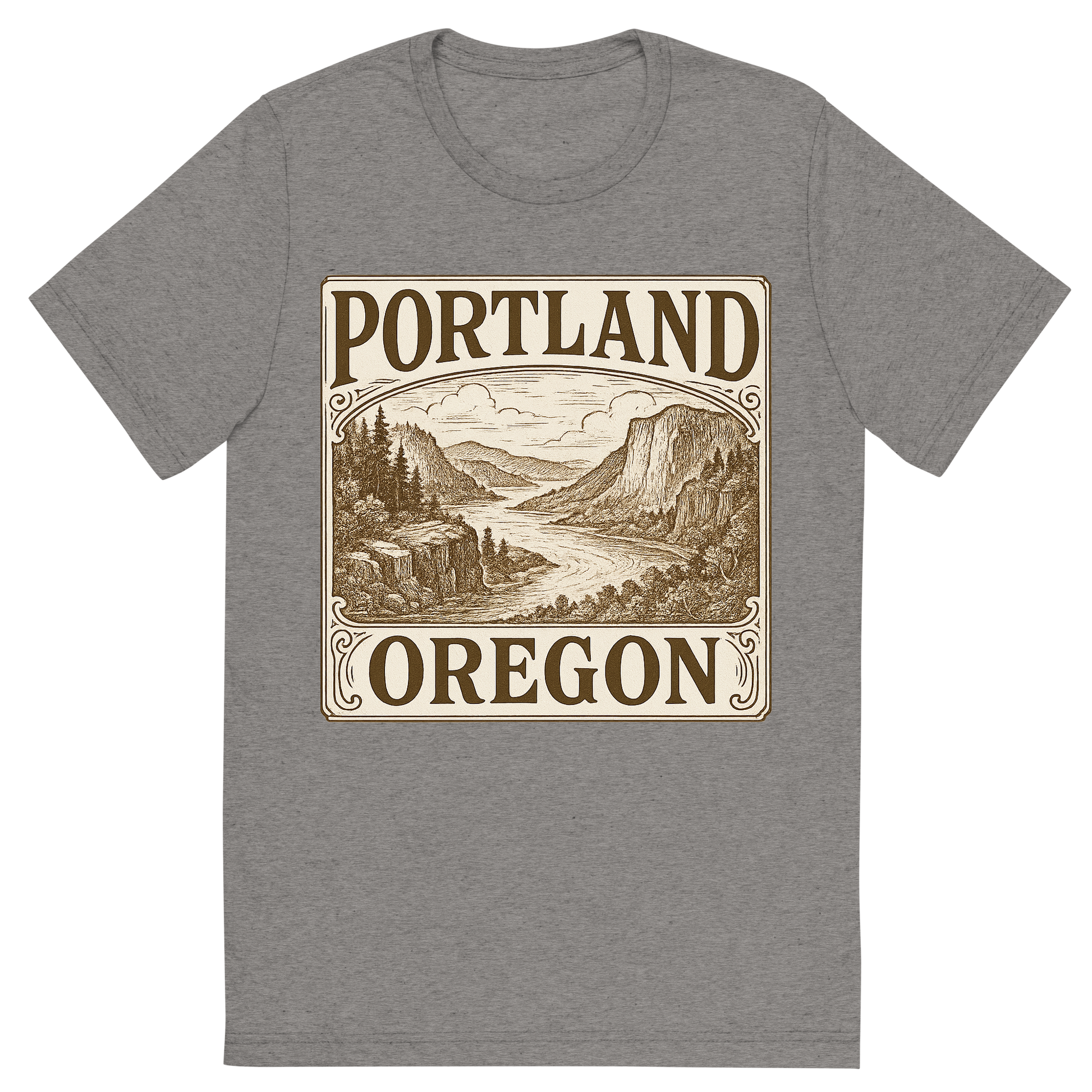 Front view of a Premium Tri-Blend Crew Neck T-Shirt in Grey showing 'A typographic, nostalgic graphic of a typographic illustration of the words 'portland, oregon' with a vintage line art drawing of the columbia river gorge'
