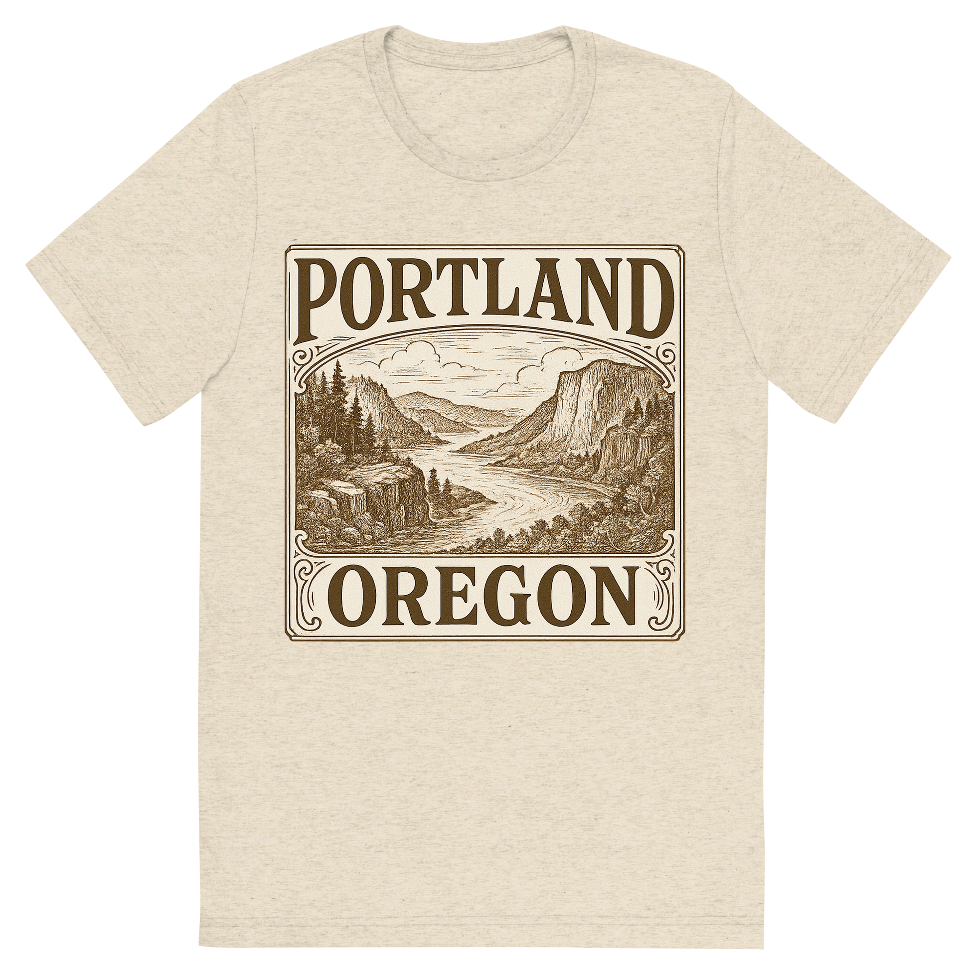 Front view of a Premium Tri-Blend Crew Neck T-Shirt in Oatmeal showing 'A typographic, nostalgic graphic of a typographic illustration of the words 'portland, oregon' with a vintage line art drawing of the columbia river gorge'