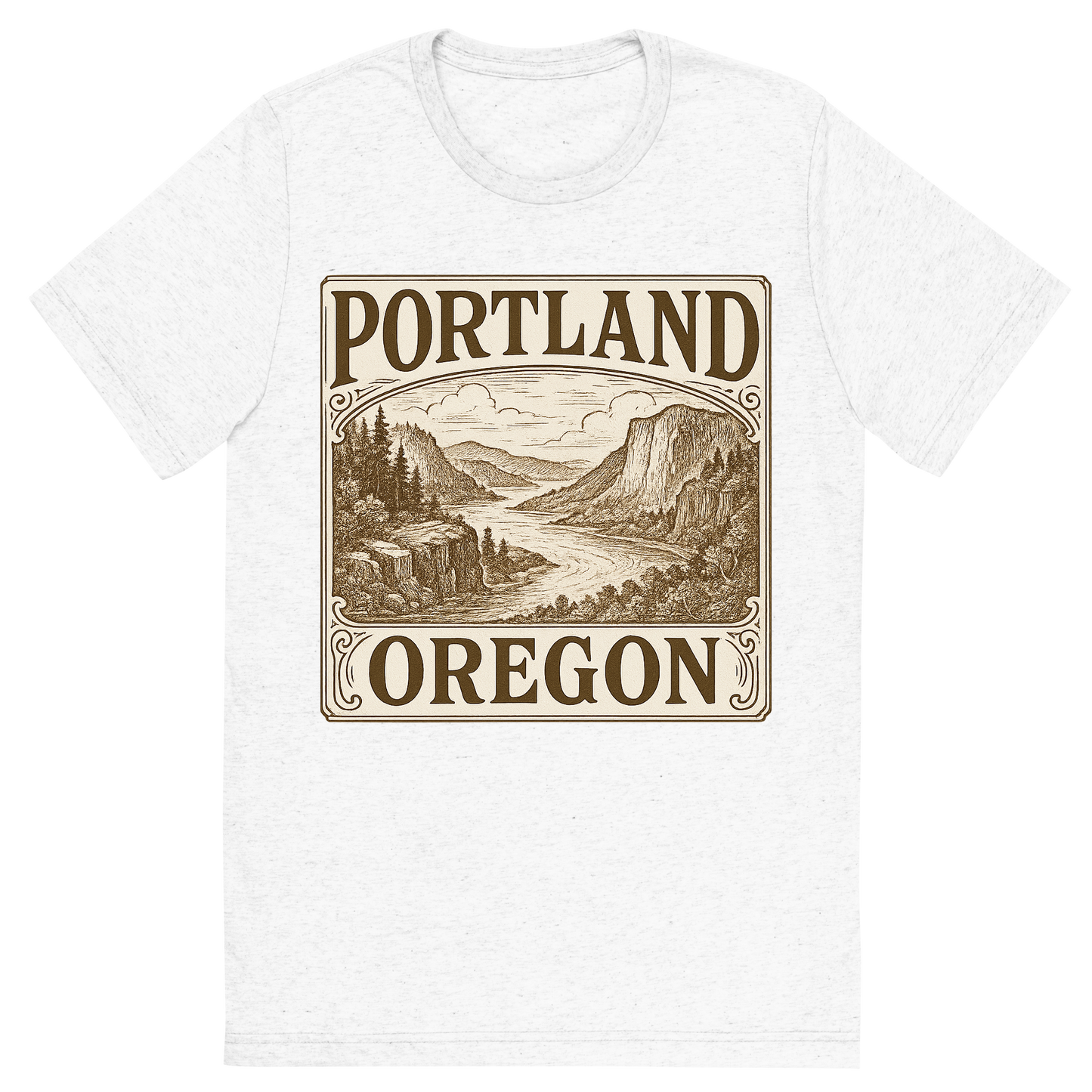 Front view of a Premium Tri-Blend Crew Neck T-Shirt in Solid White showing 'A typographic, nostalgic graphic of a typographic illustration of the words 'portland, oregon' with a vintage line art drawing of the columbia river gorge'