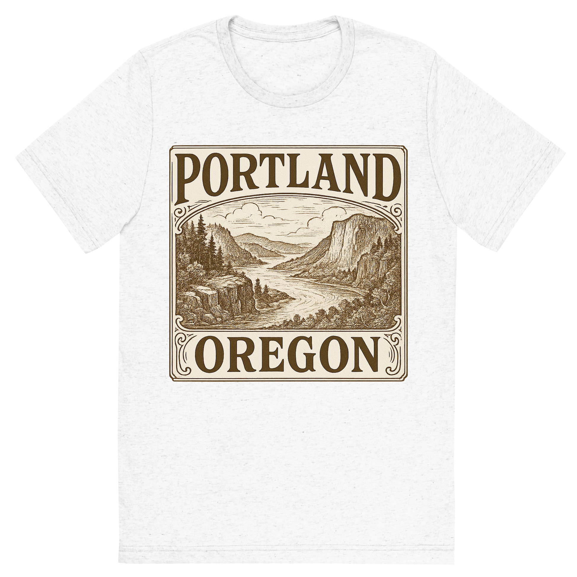 Front view of a Premium Tri-Blend Crew Neck T-Shirt in Solid White showing 'A typographic, nostalgic graphic of a typographic illustration of the words 'portland, oregon' with a vintage line art drawing of the columbia river gorge'
