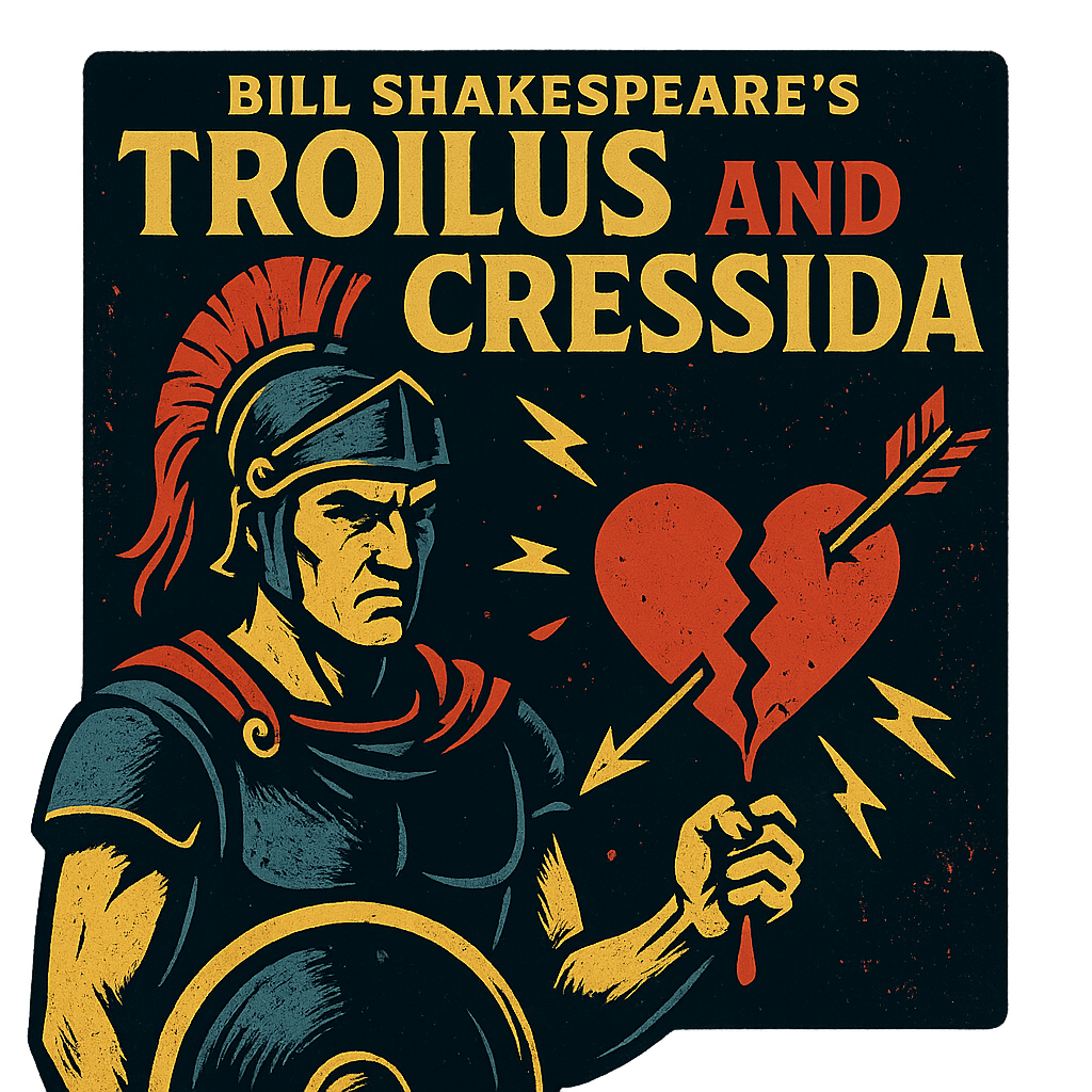 A retro, edgy graphic of a visual representation of a key theme and character from william shakespeare's troilus and cressida – a t-shirt design