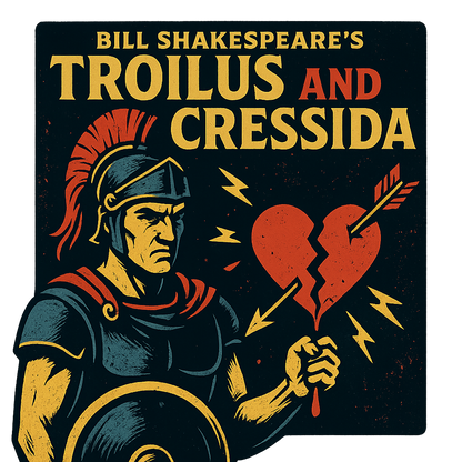 A retro, edgy graphic of a visual representation of a key theme and character from william shakespeare's troilus and cressida – a t-shirt design
