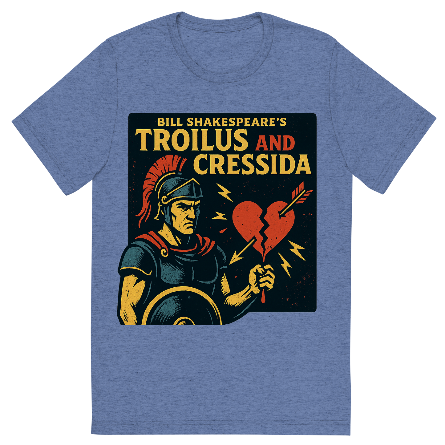Front view of a Premium Tri-Blend Crew Neck T-Shirt in Blue showing 'A retro, edgy graphic of a visual representation of a key theme and character from william shakespeare's troilus and cressida'