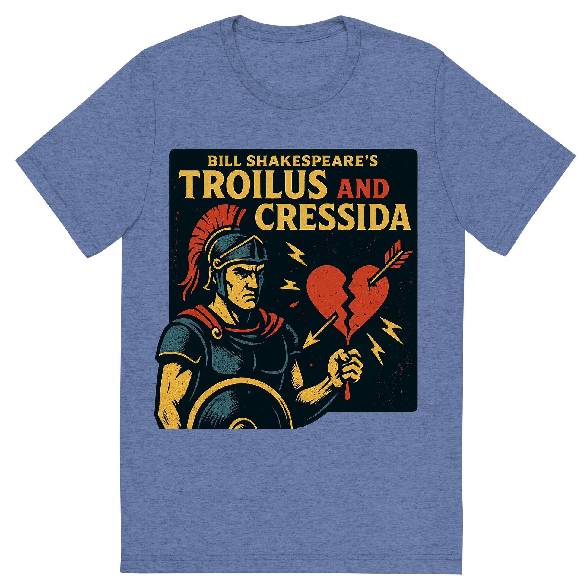 Front view of a Premium Tri-Blend Crew Neck T-Shirt in Blue showing 'A retro, edgy graphic of a visual representation of a key theme and character from william shakespeare's troilus and cressida'