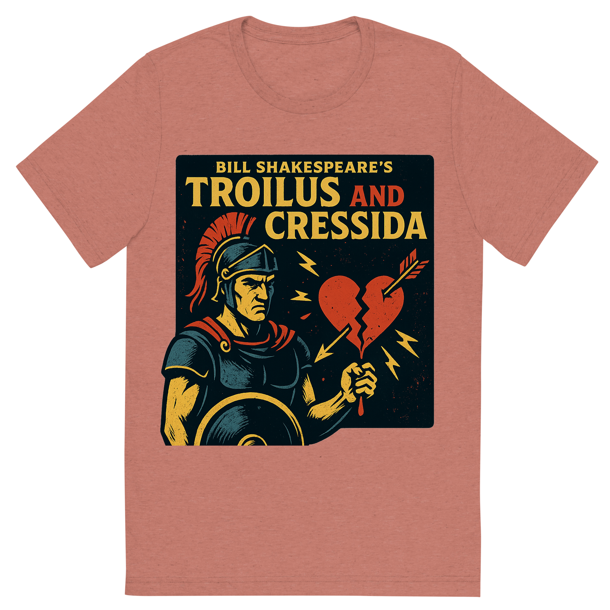 Front view of a Premium Tri-Blend Crew Neck T-Shirt in Mauve showing 'A retro, edgy graphic of a visual representation of a key theme and character from william shakespeare's troilus and cressida'