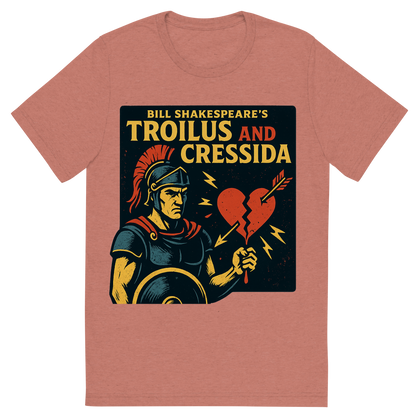 Front view of a Premium Tri-Blend Crew Neck T-Shirt in Mauve showing 'A retro, edgy graphic of a visual representation of a key theme and character from william shakespeare's troilus and cressida'