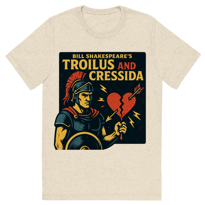 Front view of a Premium Tri-Blend Crew Neck T-Shirt in Oatmeal showing 'A retro, edgy graphic of a visual representation of a key theme and character from william shakespeare's troilus and cressida'