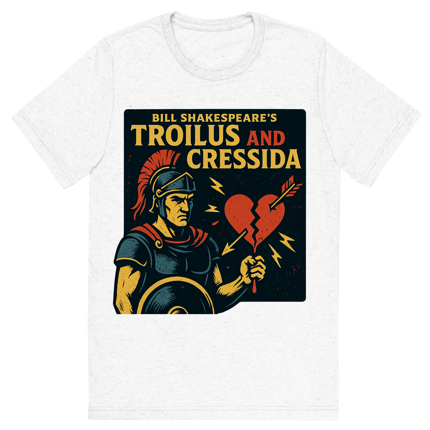Front view of a Premium Tri-Blend Crew Neck T-Shirt in Solid White showing 'A retro, edgy graphic of a visual representation of a key theme and character from william shakespeare's troilus and cressida'