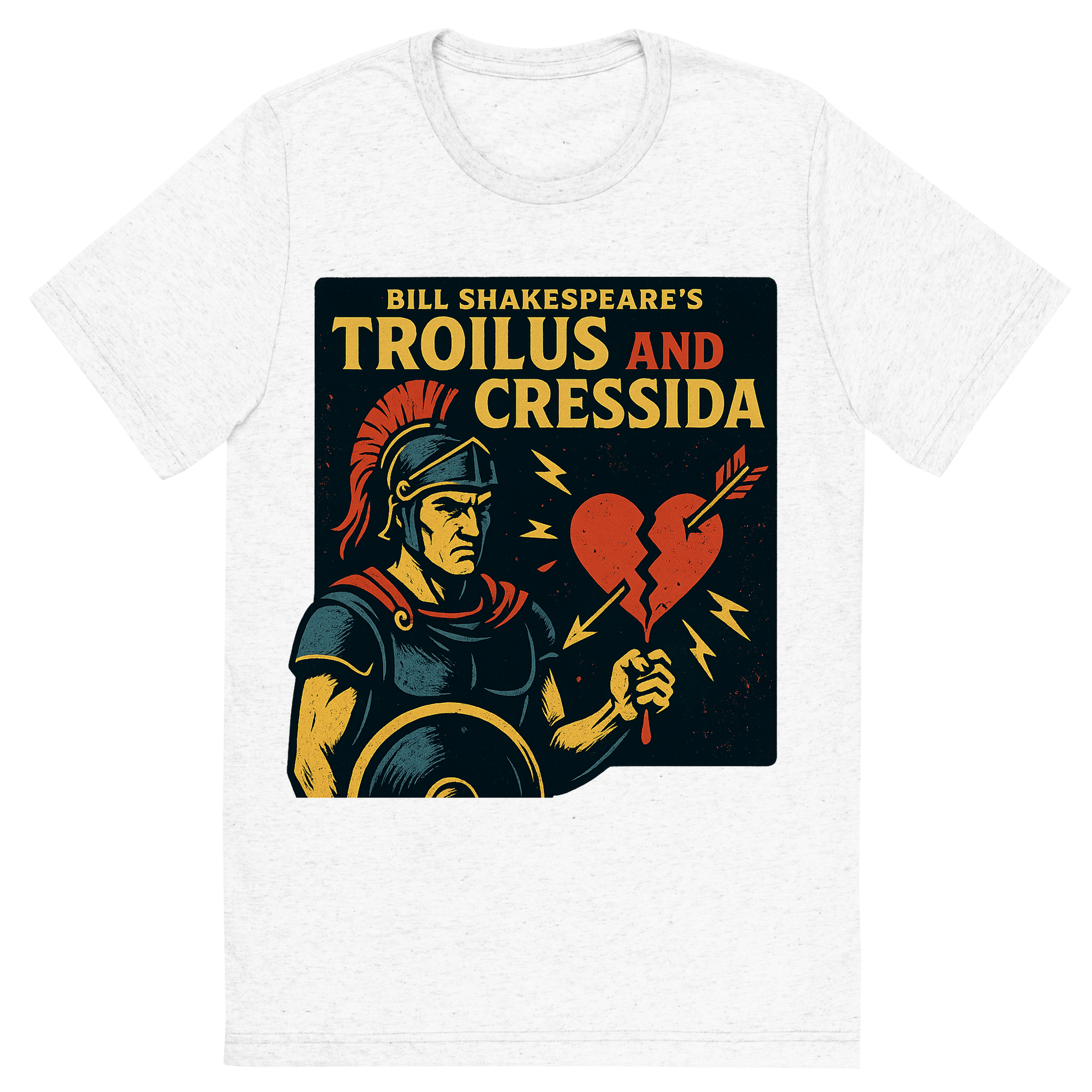 Front view of a Premium Tri-Blend Crew Neck T-Shirt in Solid White showing 'A retro, edgy graphic of a visual representation of a key theme and character from william shakespeare's troilus and cressida'