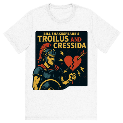 Front view of a Premium Tri-Blend Crew Neck T-Shirt in Solid White showing 'A retro, edgy graphic of a visual representation of a key theme and character from william shakespeare's troilus and cressida'