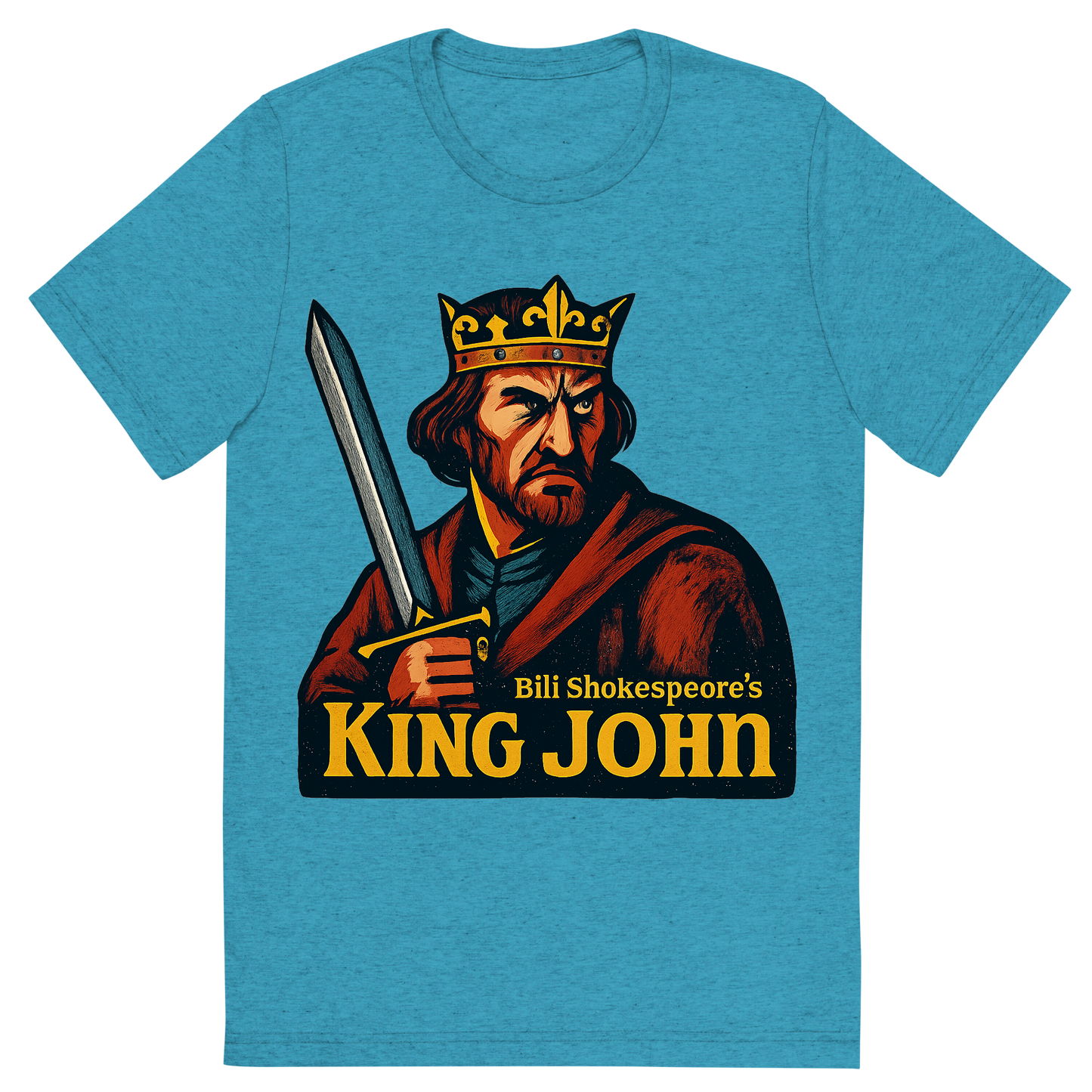 Front view of a Premium Tri-Blend Crew Neck T-Shirt in Aqua showing 'A retro, edgy graphic of a visual representation of a key theme and character from william shakespeare's king john'