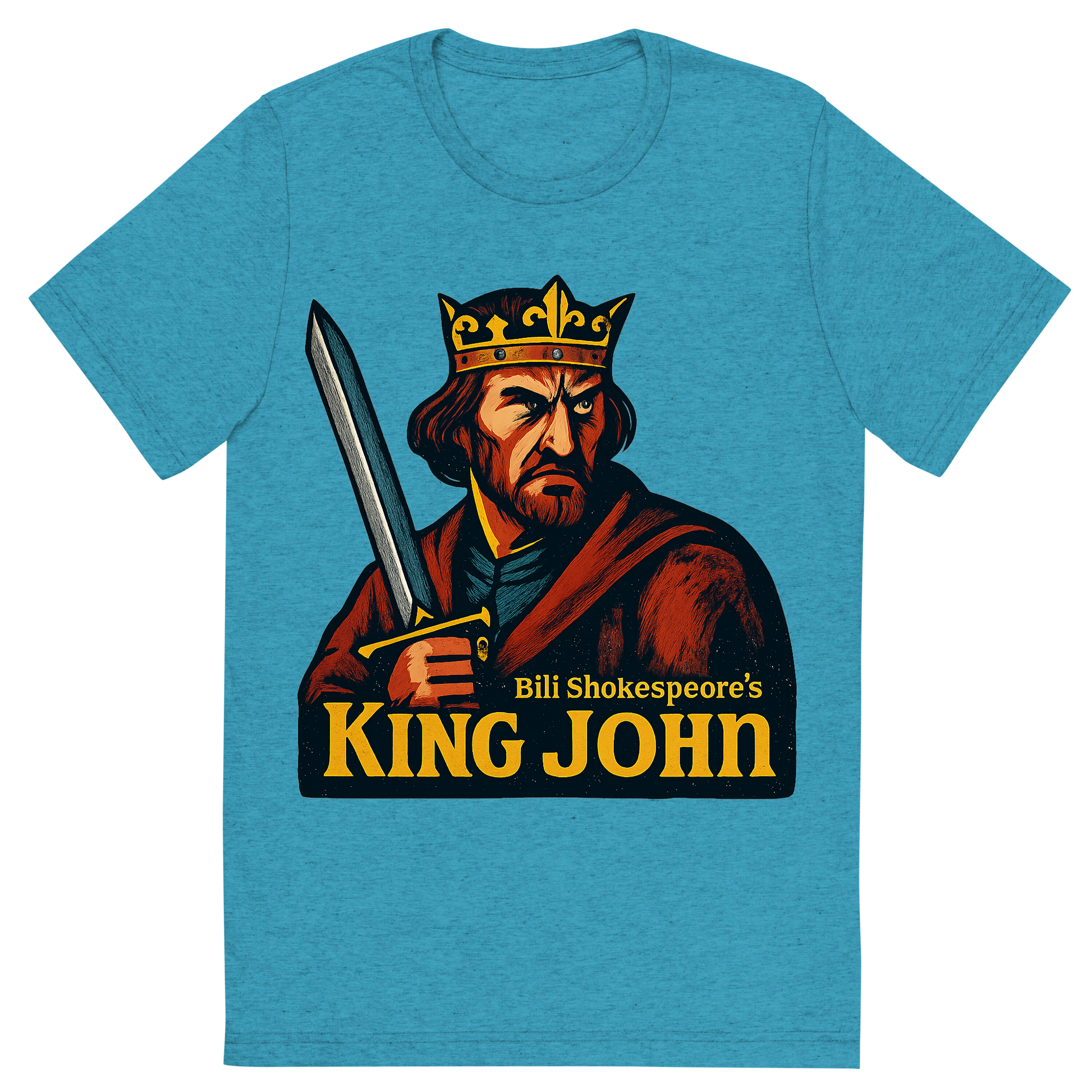 Front view of a Premium Tri-Blend Crew Neck T-Shirt in Aqua showing 'A retro, edgy graphic of a visual representation of a key theme and character from william shakespeare's king john'