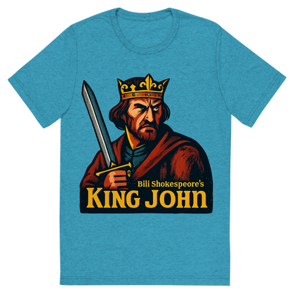 Front view of a Premium Tri-Blend Crew Neck T-Shirt in Aqua showing 'A retro, edgy graphic of a visual representation of a key theme and character from william shakespeare's king john'
