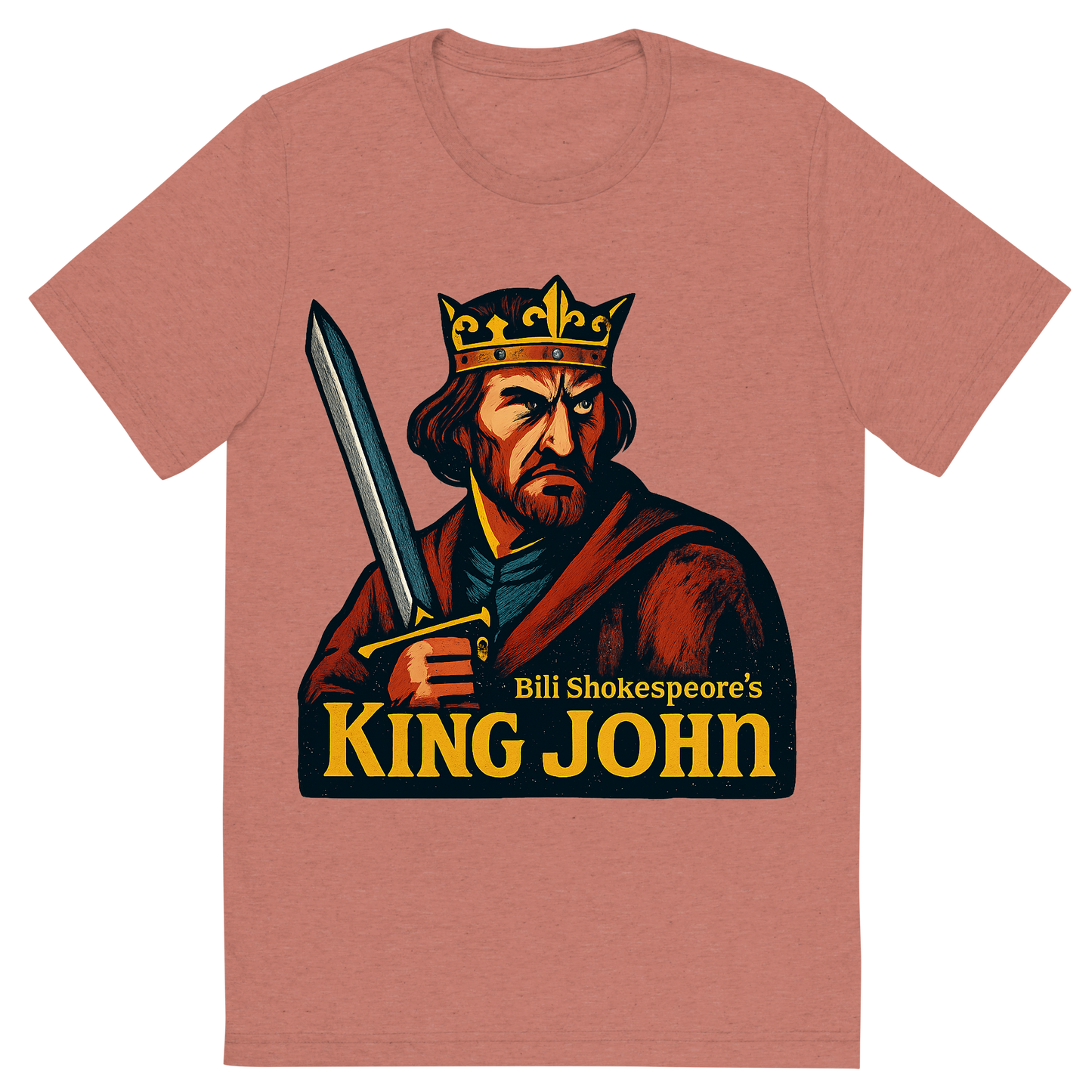 Front view of a Premium Tri-Blend Crew Neck T-Shirt in Mauve showing 'A retro, edgy graphic of a visual representation of a key theme and character from william shakespeare's king john'