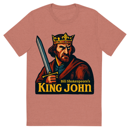 Front view of a Premium Tri-Blend Crew Neck T-Shirt in Mauve showing 'A retro, edgy graphic of a visual representation of a key theme and character from william shakespeare's king john'