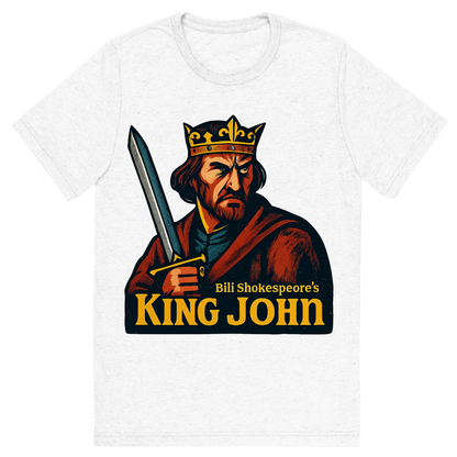 Front view of a Premium Tri-Blend Crew Neck T-Shirt in Solid White showing 'A retro, edgy graphic of a visual representation of a key theme and character from william shakespeare's king john'