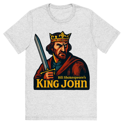 Front view of a Premium Tri-Blend Crew Neck T-Shirt in White Fleck showing 'A retro, edgy graphic of a visual representation of a key theme and character from william shakespeare's king john'