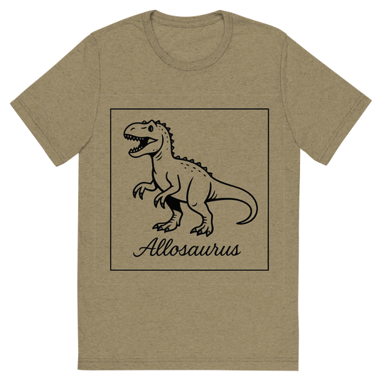 Front view of a Premium Tri-Blend Crew Neck T-Shirt in Olive showing 'A flat, neutral graphic of a clean drawing of an allosaurus with sharp claws and open mouth. “allosaurus” appears in elegant script beneath. ink illustration on a white background.'