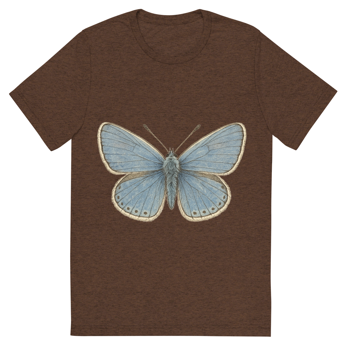 Front view of a Premium Tri-Blend Crew Neck T-Shirt in Brown showing 'A hand-drawn, tranquil graphic of common blue butterfly'