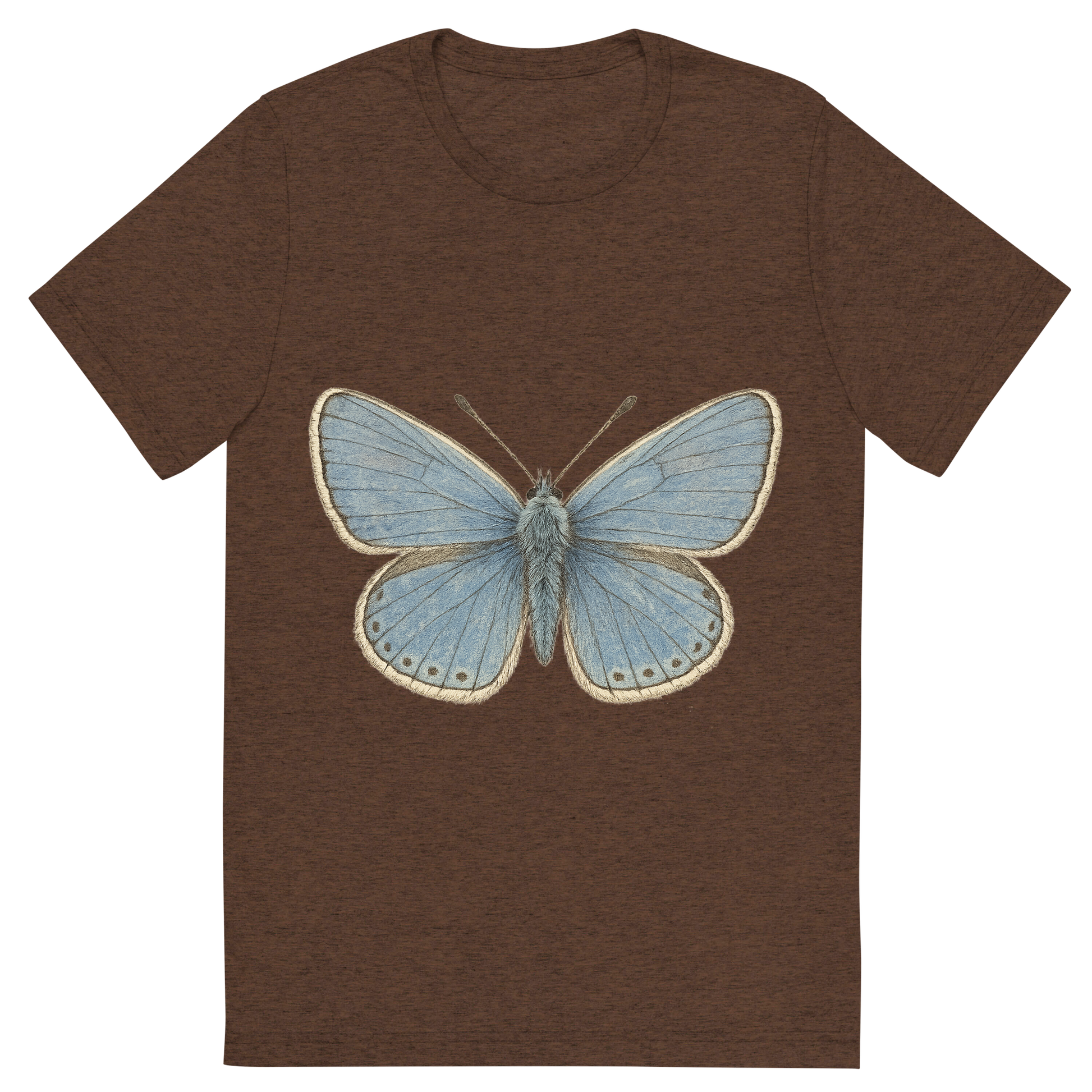 Front view of a Premium Tri-Blend Crew Neck T-Shirt in Brown showing 'A hand-drawn, tranquil graphic of common blue butterfly'