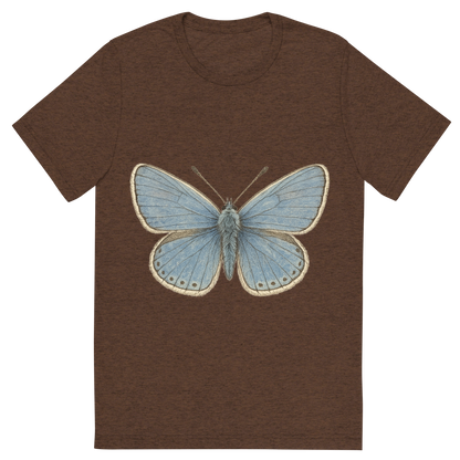 Front view of a Premium Tri-Blend Crew Neck T-Shirt in Brown showing 'A hand-drawn, tranquil graphic of common blue butterfly'