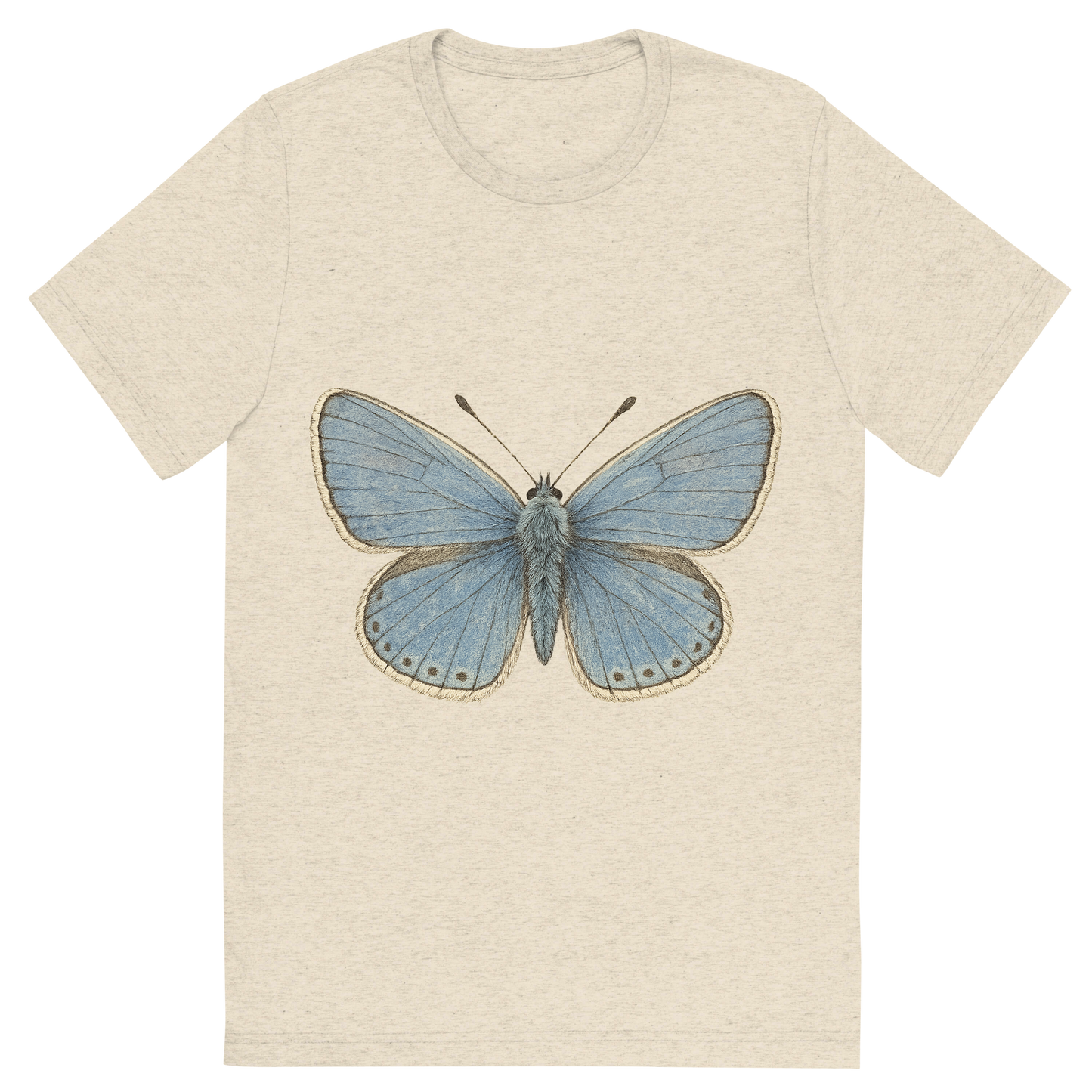 Front view of a Premium Tri-Blend Crew Neck T-Shirt in Oatmeal showing 'A hand-drawn, tranquil graphic of common blue butterfly'