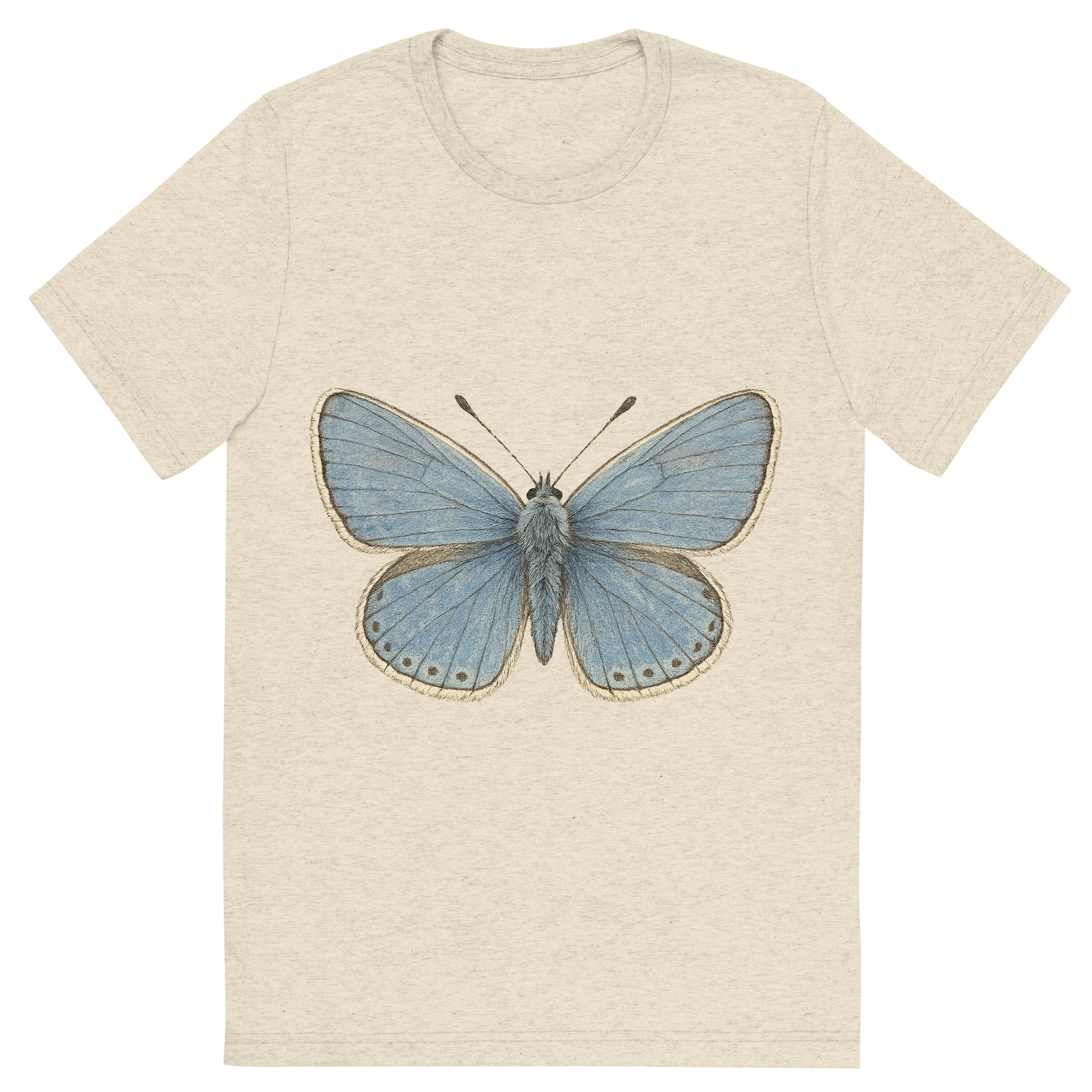 Front view of a Premium Tri-Blend Crew Neck T-Shirt in Oatmeal showing 'A hand-drawn, tranquil graphic of common blue butterfly'