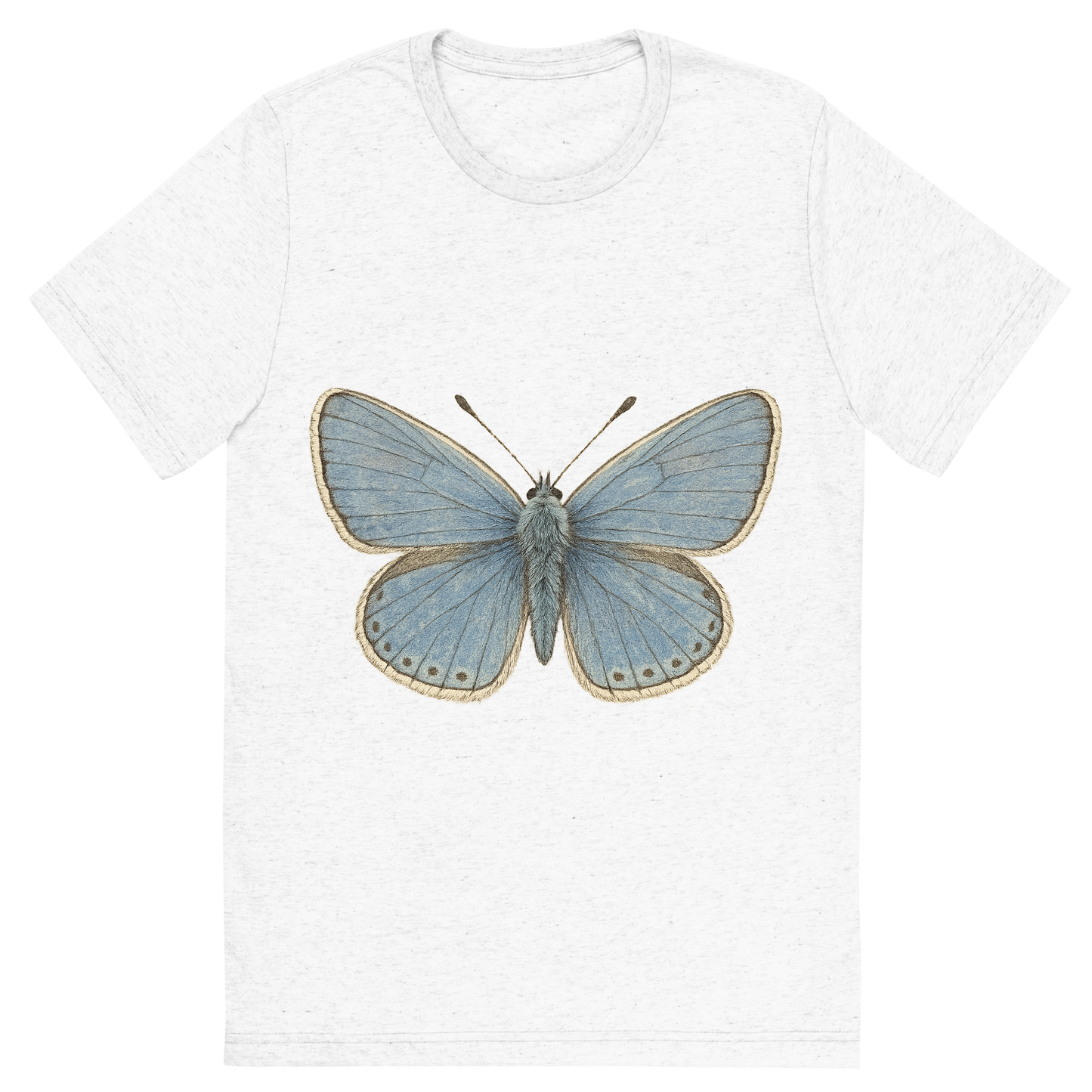 Front view of a Premium Tri-Blend Crew Neck T-Shirt in Solid White showing 'A hand-drawn, tranquil graphic of common blue butterfly'