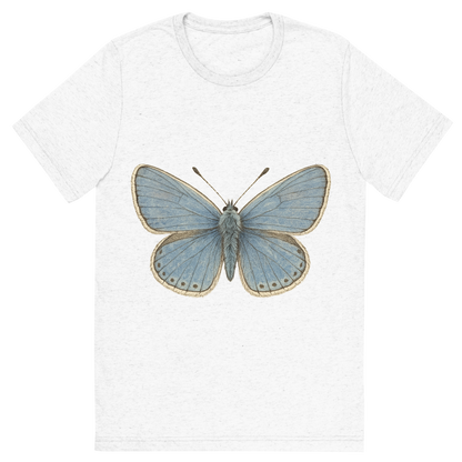 Front view of a Premium Tri-Blend Crew Neck T-Shirt in Solid White showing 'A hand-drawn, tranquil graphic of common blue butterfly'