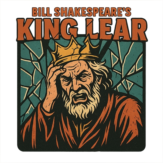A retro, edgy graphic of a visual representation of a key theme and character from william shakespeare's king lear – a t-shirt design
